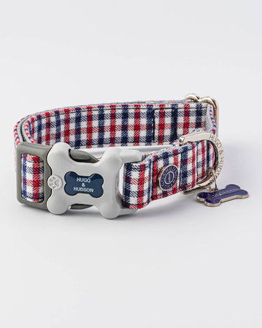 Checked Navy and Red Fabric Dog Collar