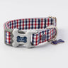 Checked Navy and Red Fabric Dog Collar