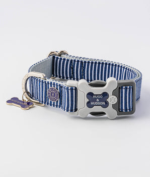 Striped Navy Fabric Dog Collar