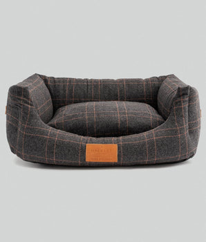 Dark Grey Checked Tweed Fabric Dog Bed