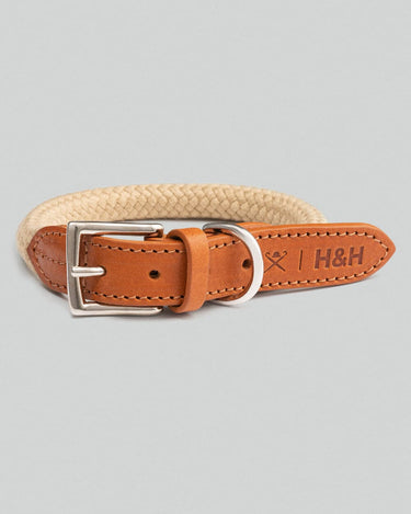 Natural Round Rope Dog Collar with Cognac Leather