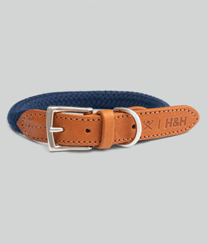 Navy Round Rope Dog Collar with Cognac Leather