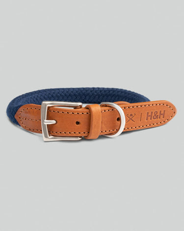 Navy Round Rope Dog Collar with Cognac Leather