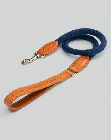 Navy Round Rope Dog Lead with Cognac Leather