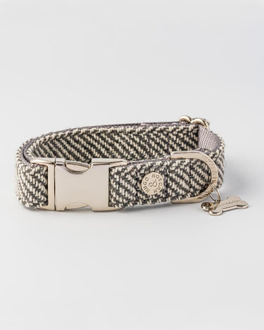 Tweed Metal Buckle Dog Collar - Grey Herringbone