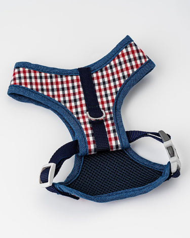 Fabric Dog Harness - Checked Navy and Red Back Buckle