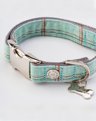 Tweed Metal Buckle Dog Collar Aqua Checked