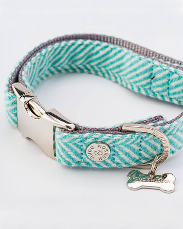 Tweed Metal Buckle Dog Collar - Aqua Herringbone Close Up