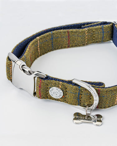 Tweed Metal Buckle Dog Collar - Dark Green Checked Close Up