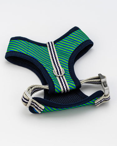 Fabric Dog Harness - Striped Navy and Green Back Buckle