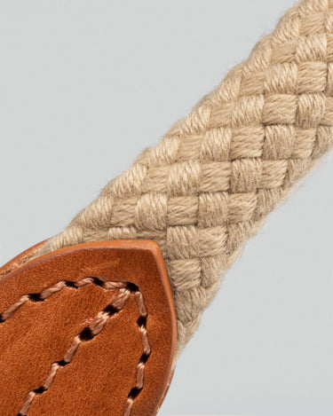 Natural Round Rope Dog Collar with Cognac Leather Pattern and Stitching