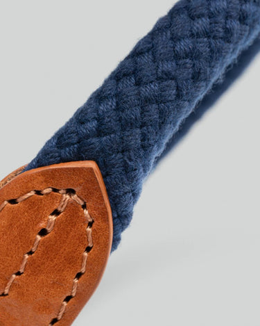 Navy Round Rope Dog Collar with Cognac Leather Pattern and Stitching