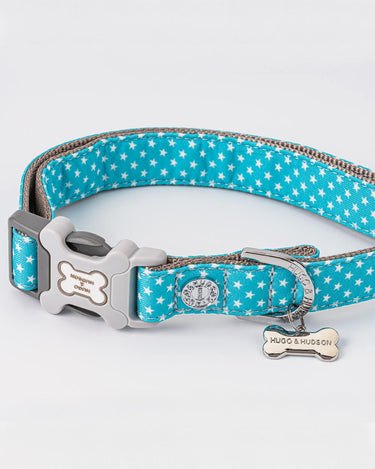 Turquoise Star Fabric Dog Collar D Ring