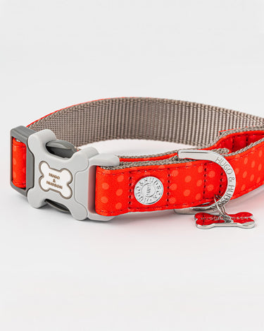 Red and Coral Polka Dot Fabric Dog Collar D Ring