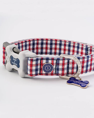 Checked Navy and Red Fabric Dog Collar D Ring