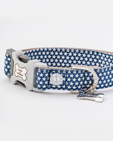 Navy Star Fabric Dog Collar D Ring