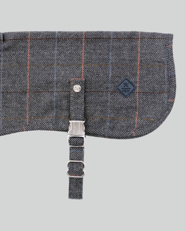 Grey Checked Herringbone Tweed Dog Jacket Branding