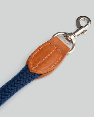 Navy Round Rope Dog Lead with Cognac Leather Hook