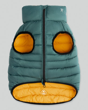 Reversible Dog Puffer Jacket - Forest Green & Gold Front Zip