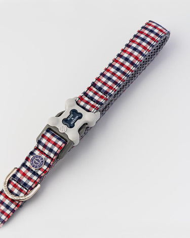 Checked Navy and Red Fabric Dog Lead Clip in Handle