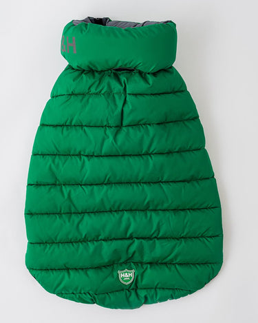 Reversible Dog Puffer Jacket - Dark Green and Grey Lead Hole