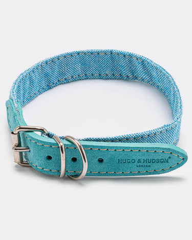 Fabric and Suede Leather Dog Collar - Light Blue Buckle