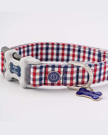 Fabric Dog Collar - Checked Navy and Red Close Up