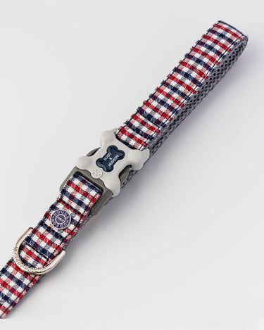 Fabric Dog Lead - Checked Navy and Red Buckle