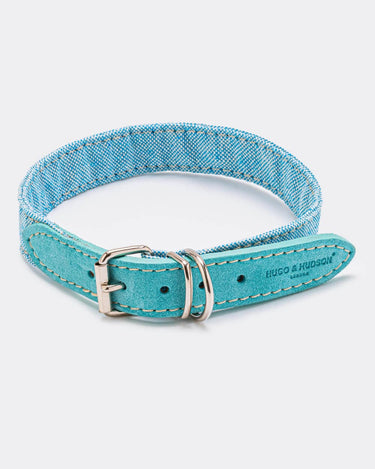 Fabric and Suede Leather Dog Collar Light Blue